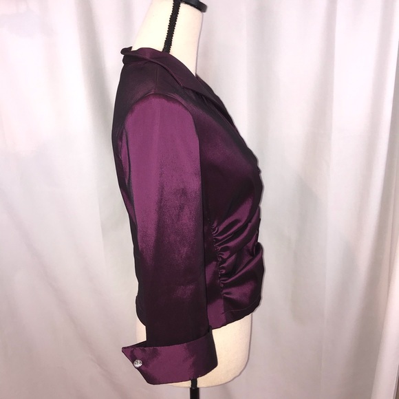 Purple ruched 3/4 sleeve dressy top jeweled button - Picture 7 of 10